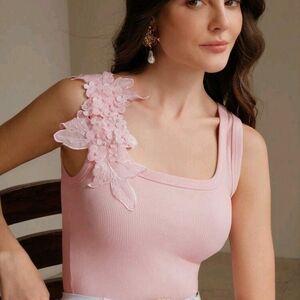 SHEIN Pale Pink Applique Ribbed Tank Top